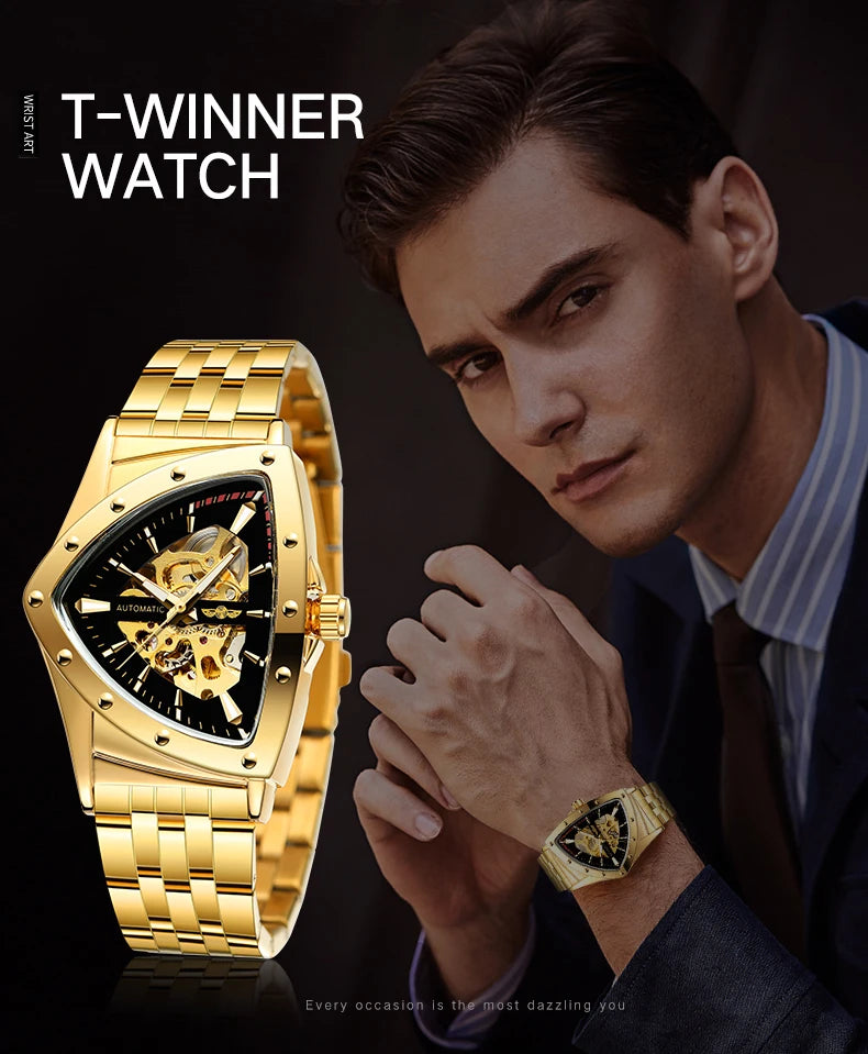 Luxury stainless steel triangular skeleton automatic watch with luminous hands, 40–44 mm pyramid case, waterproof up to 3 Bar