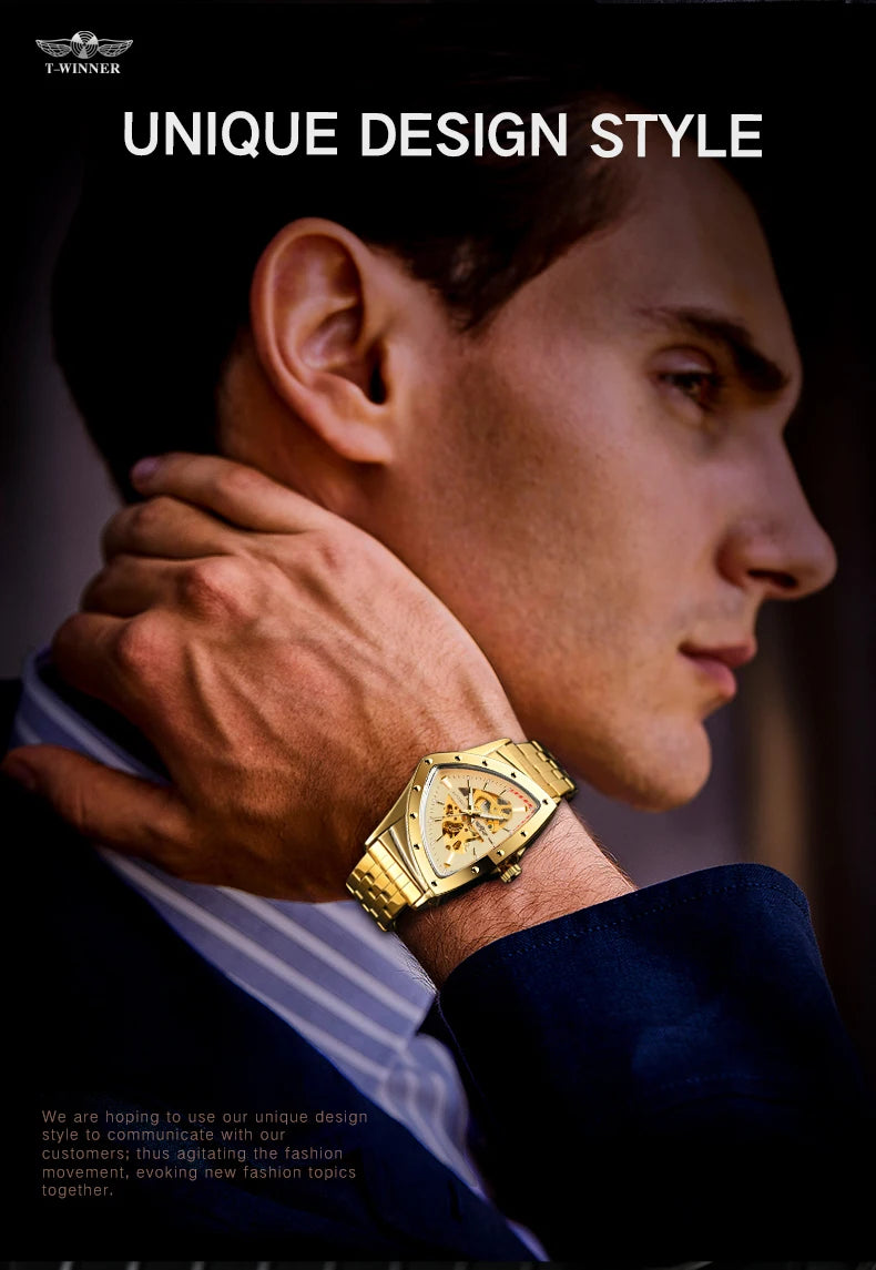 Luxury stainless steel triangular skeleton automatic watch with luminous hands, 40–44 mm pyramid case, waterproof up to 3 Bar