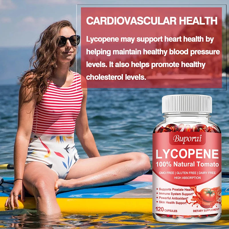 Woman on a paddleboard with Lycopene supplement bottle and text about cardiovascular health.