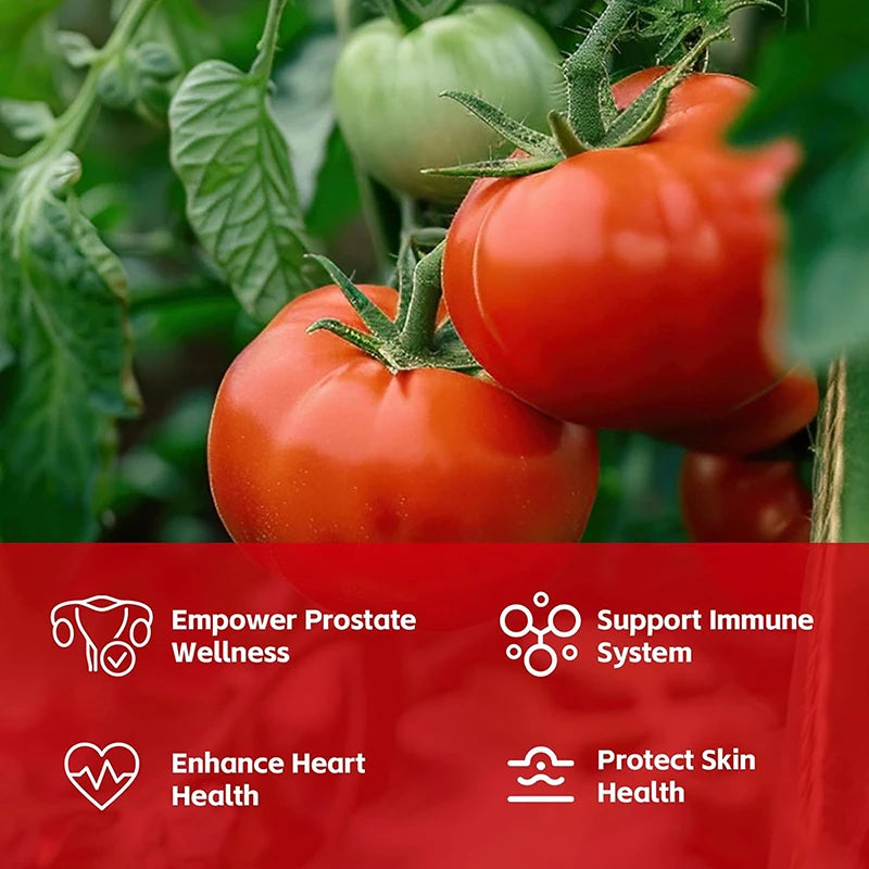 Tomatoes on a vine with health benefits text overlay