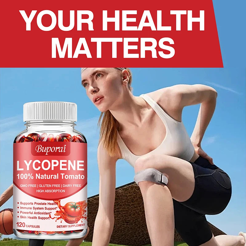 Supplement bottle labeled 'LYCOPENE' with a woman exercising outdoors, and text 'YOUR HEALTH MATTERS' at the top.