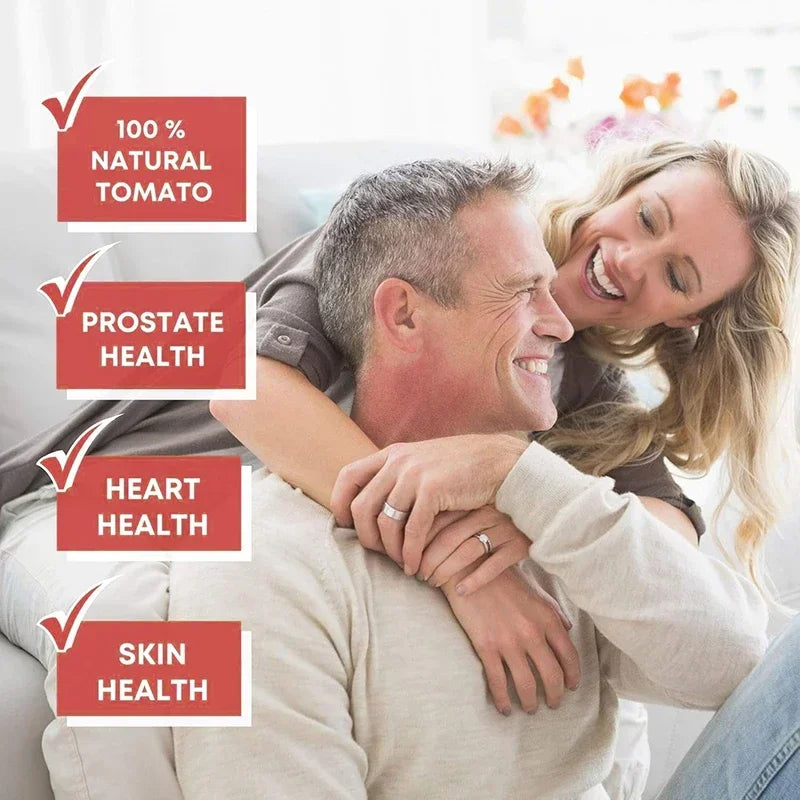 Couple embracing with health benefits text overlay on a white background