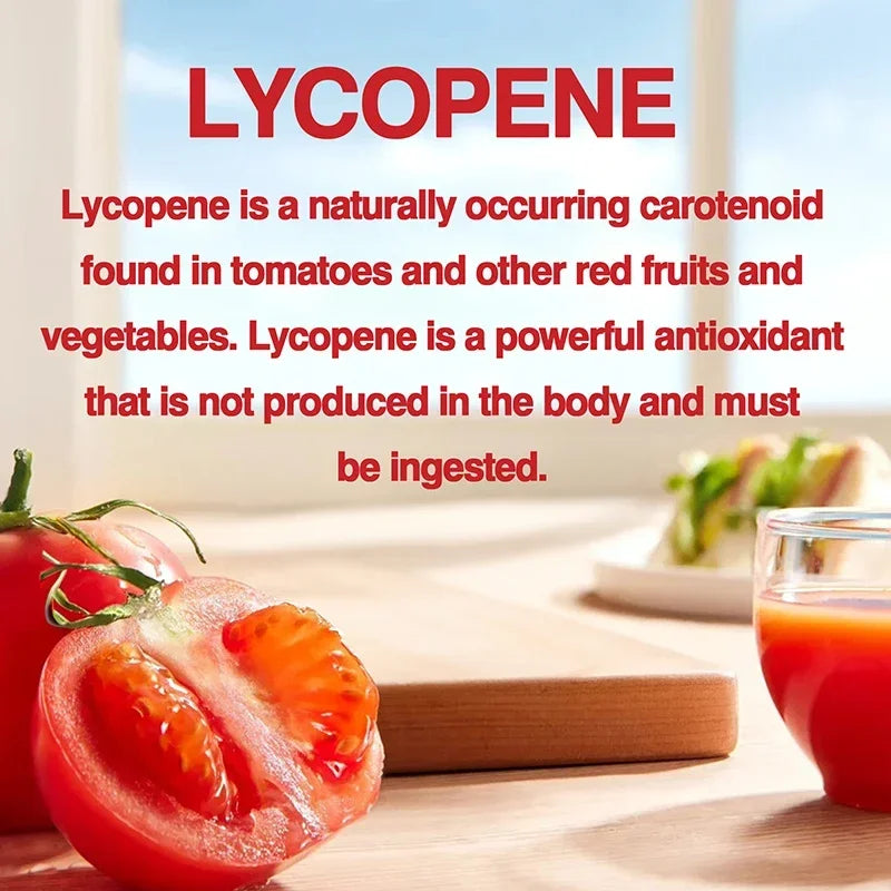 Tomatoes and a glass of juice with text about lycopene on a kitchen counter.