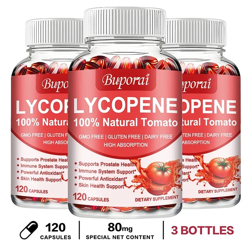 Three bottles of Buporai Lycopene dietary supplements on a white background