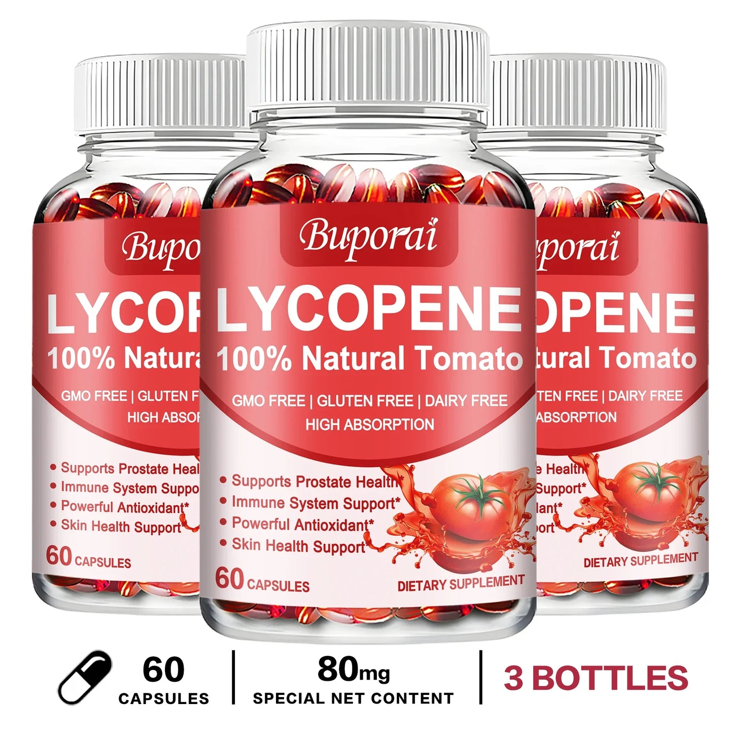 Three bottles of Lycopene dietary supplements on a white background