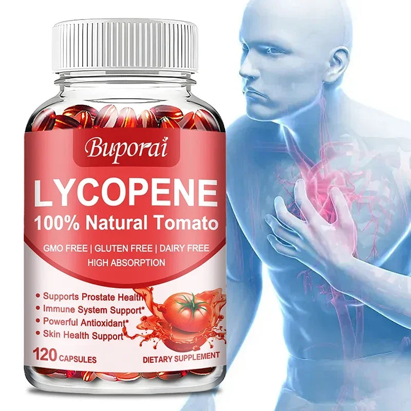 Lycopene supplement bottle with a human body illustration on a white background