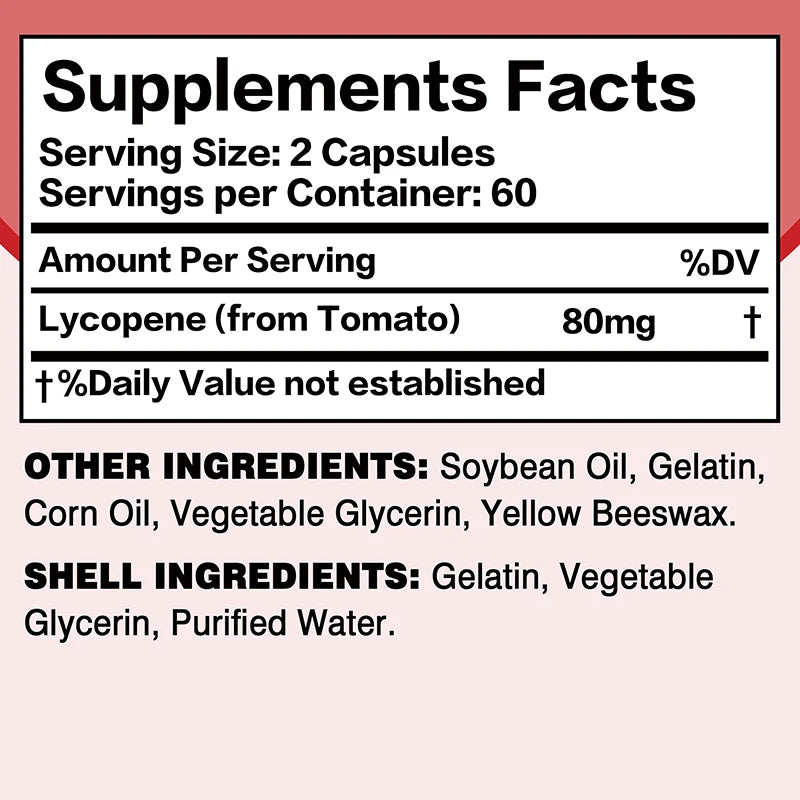 Supplement facts label with lycopene content and ingredient list on a white background.