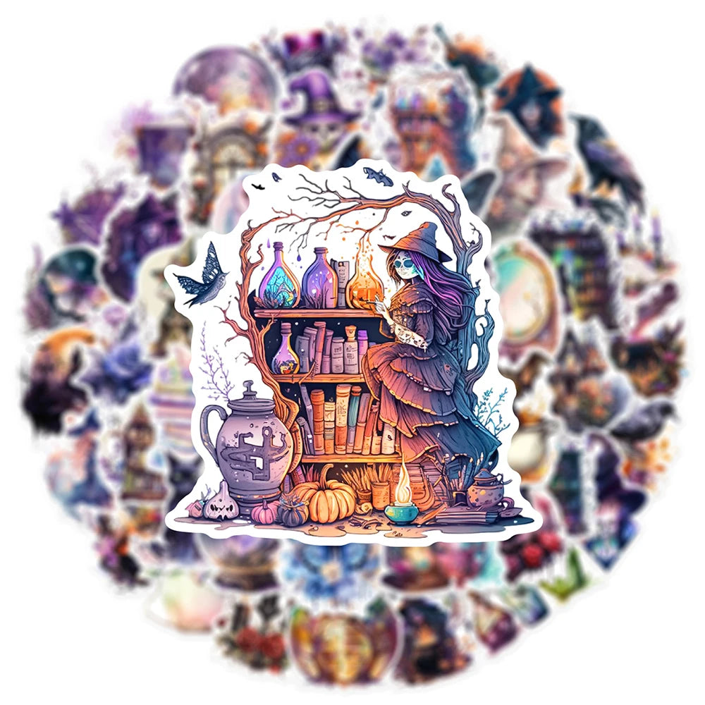 Sticker of a witch sitting by a bookshelf with potions and books, surrounded by a colorful collage.