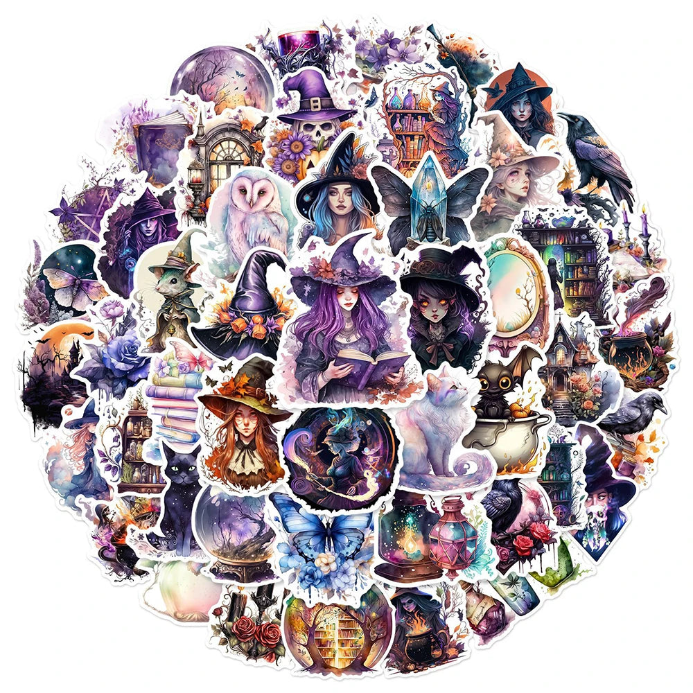Collection of Fantasy Magic-themed stickers featuring witches, cats, and other spooky elements.