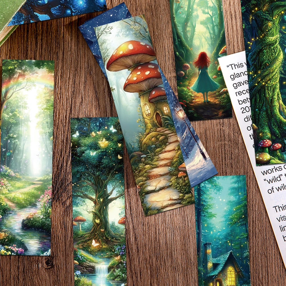 Fantasy-themed bookmarks on a wooden surface