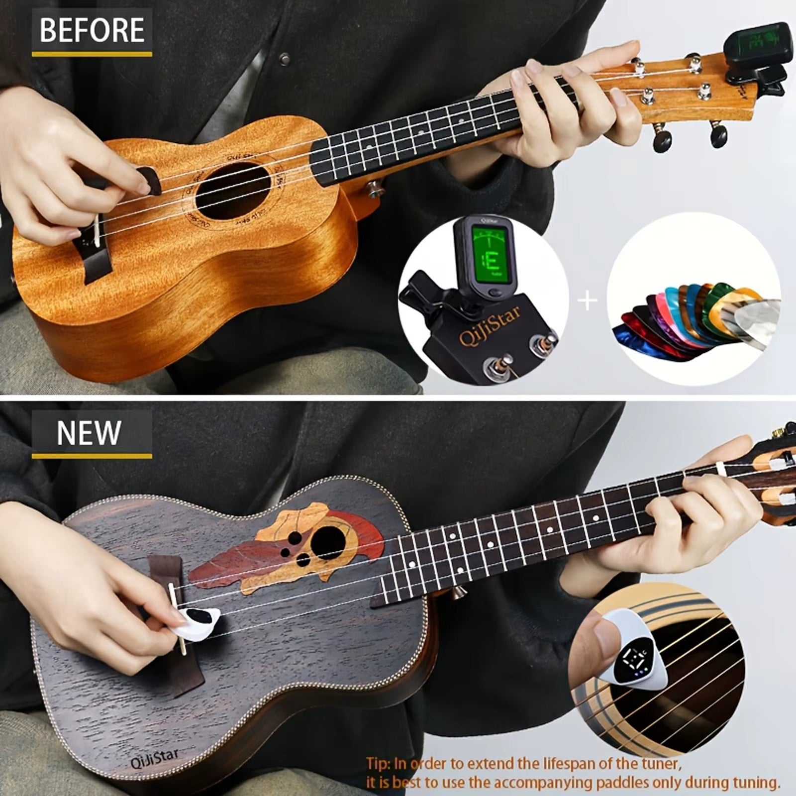Guitarist using the Magic Pick to tune an acoustic guitar instantly while playing.