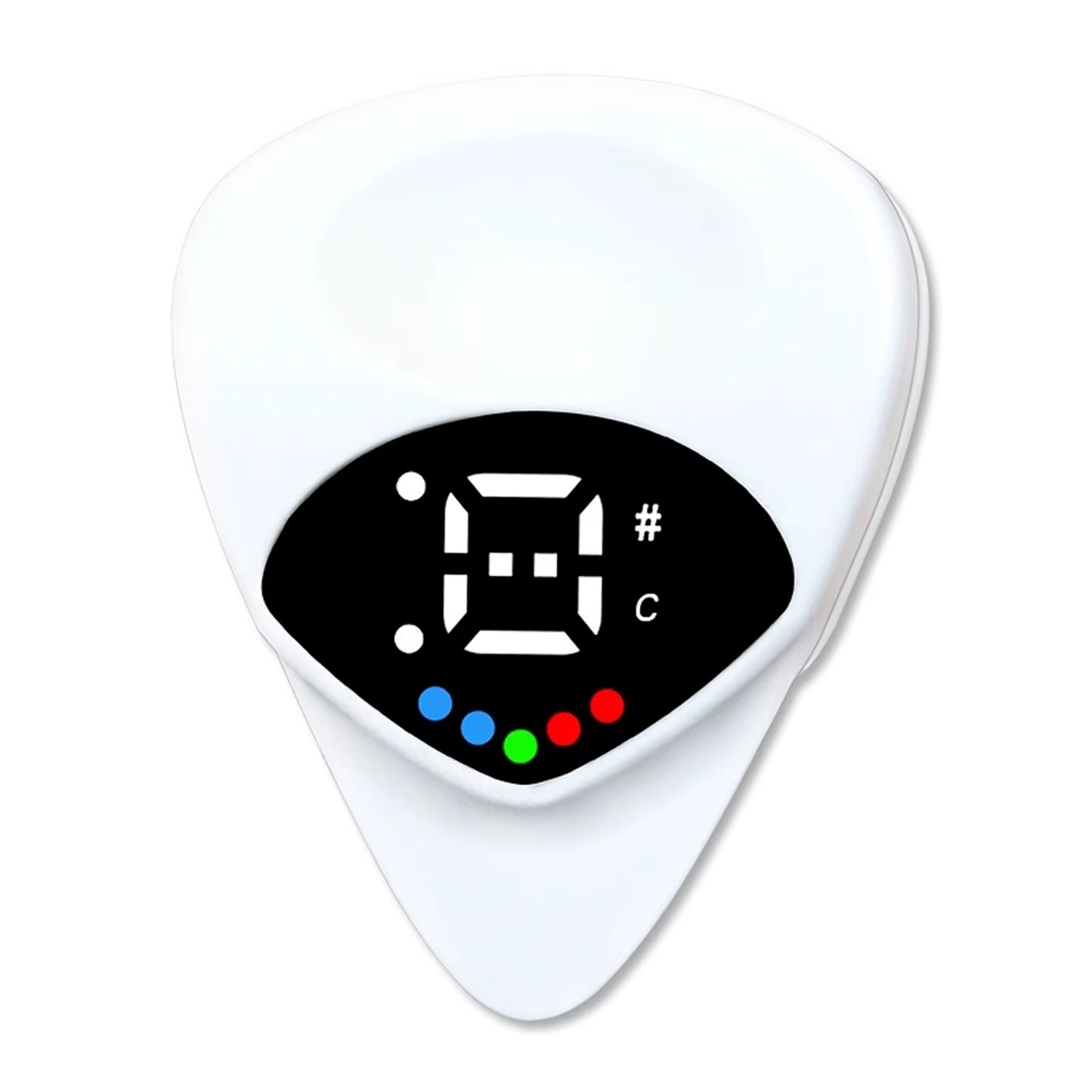 Close-up of the digital tuner interface built into the ergonomic guitar pick design.