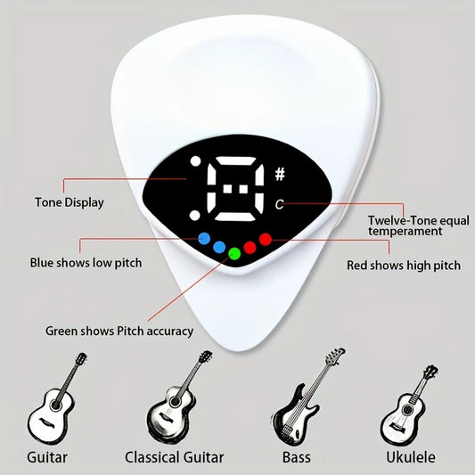 A white portable guitar tuner pickwith a digital display showing a tuning screen and various tone settings, including blue, red, green, and bass. It also features a section with a guitar pick icon and text indicating its use for guitars, bass, and ukulele.