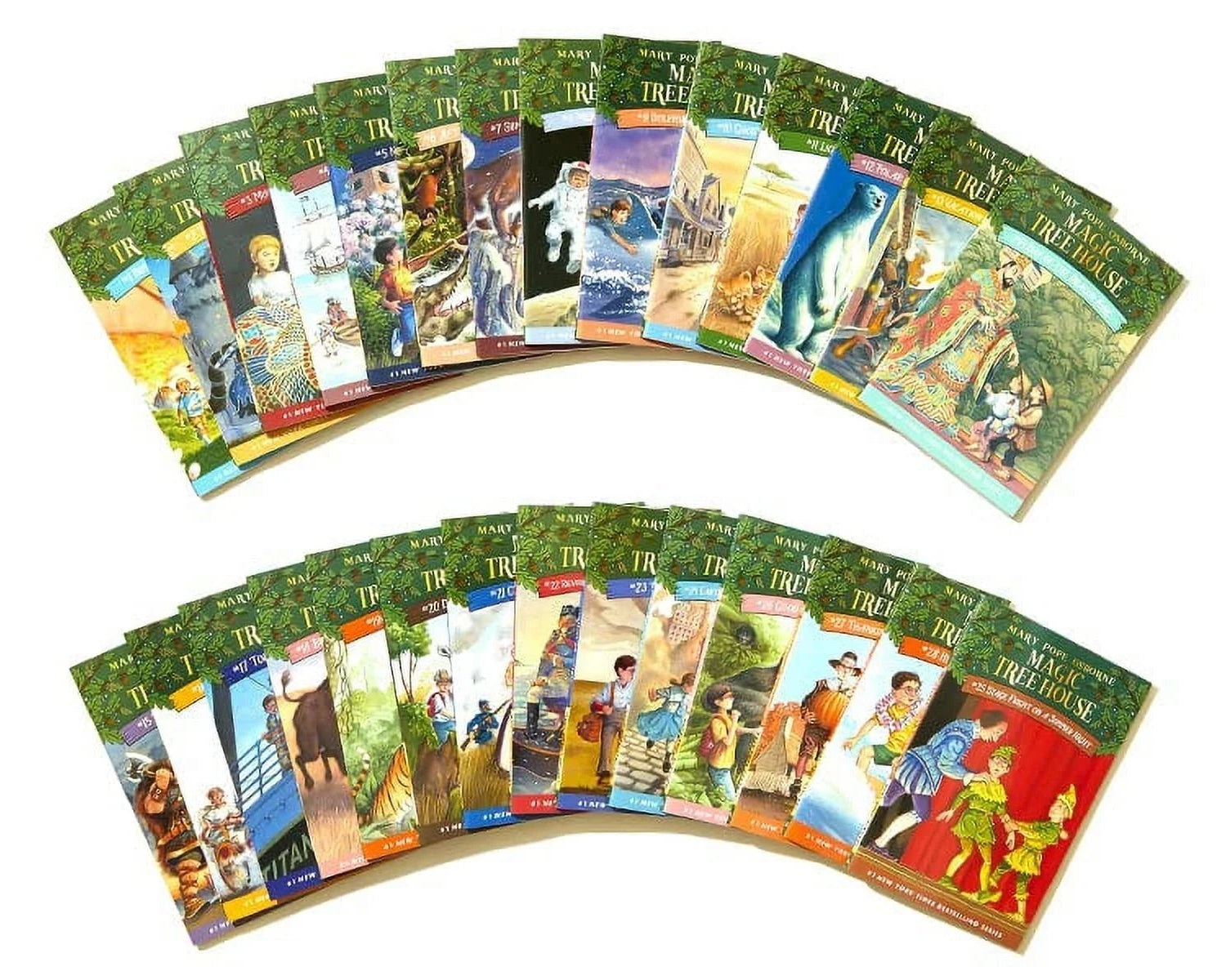 Collection of books from the 'Magic Tree House Library' by Mary Pope Osborne, displaying books sprawled out over a white background/