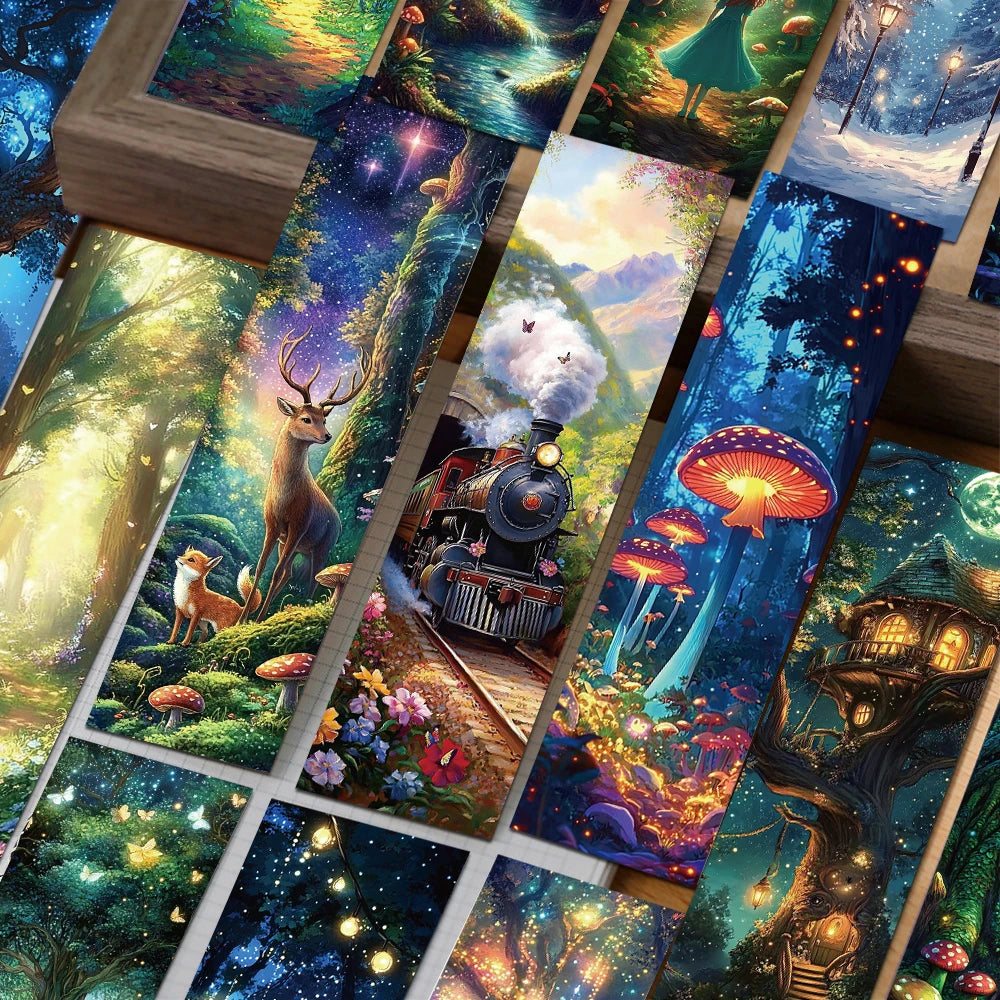 Collage of bookmarks with various illustrated scenes including a forest, train, and fantasy landscapes.