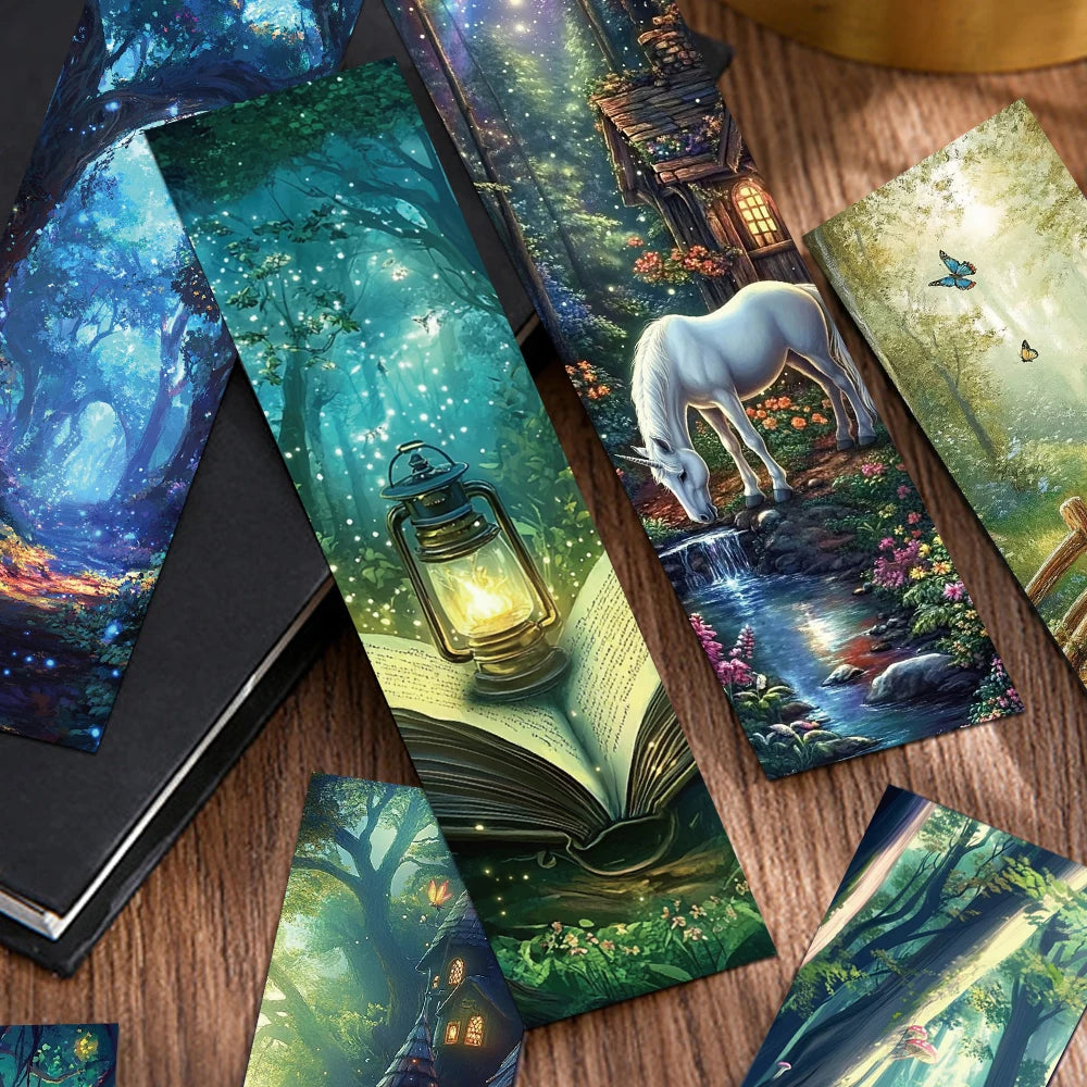 Fantasy-themed bookmarks with illustrations of a white horse, lantern, and nature scenes on a wooden surface.