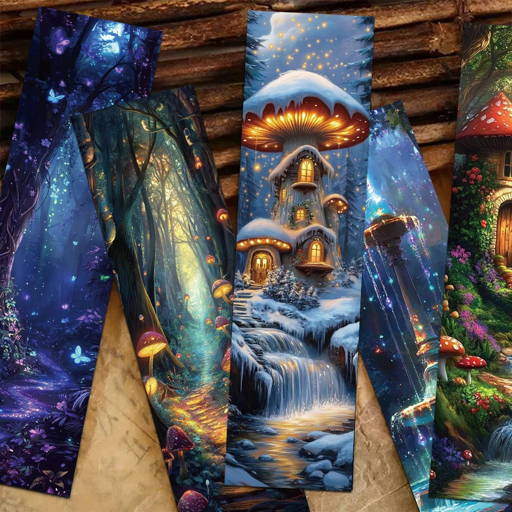 Fairy tale-themed fabric bookmarks with houses, trees, and mushrooms on a wooden background.