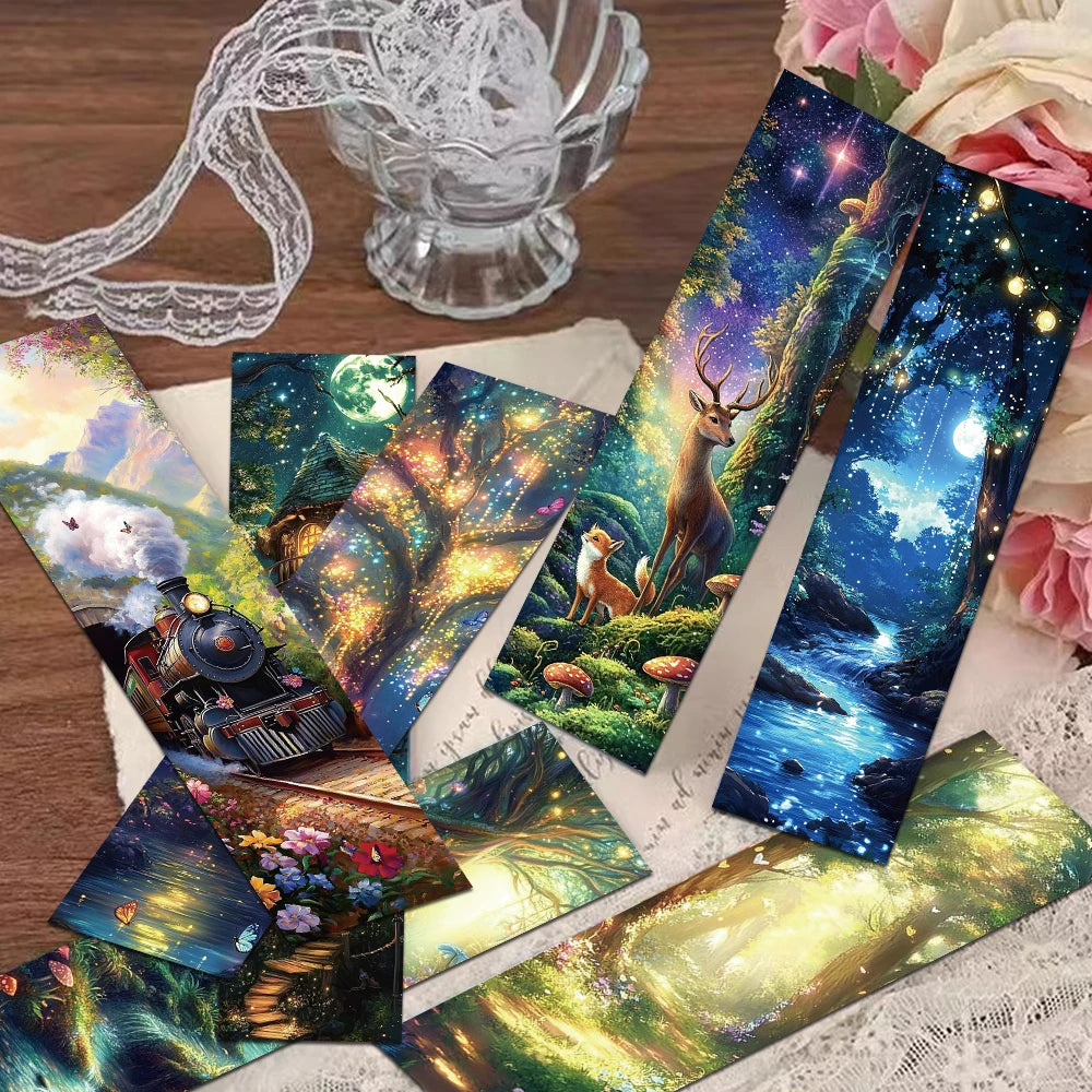 Set of colorful bookmarks with nature-themed designs on a wooden surface.