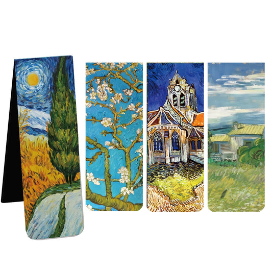 A set of four magnetic bookmarks featuring artwork inspired by Van Gogh's paintings, including representations of a tree, a building, a field, and a night sky.