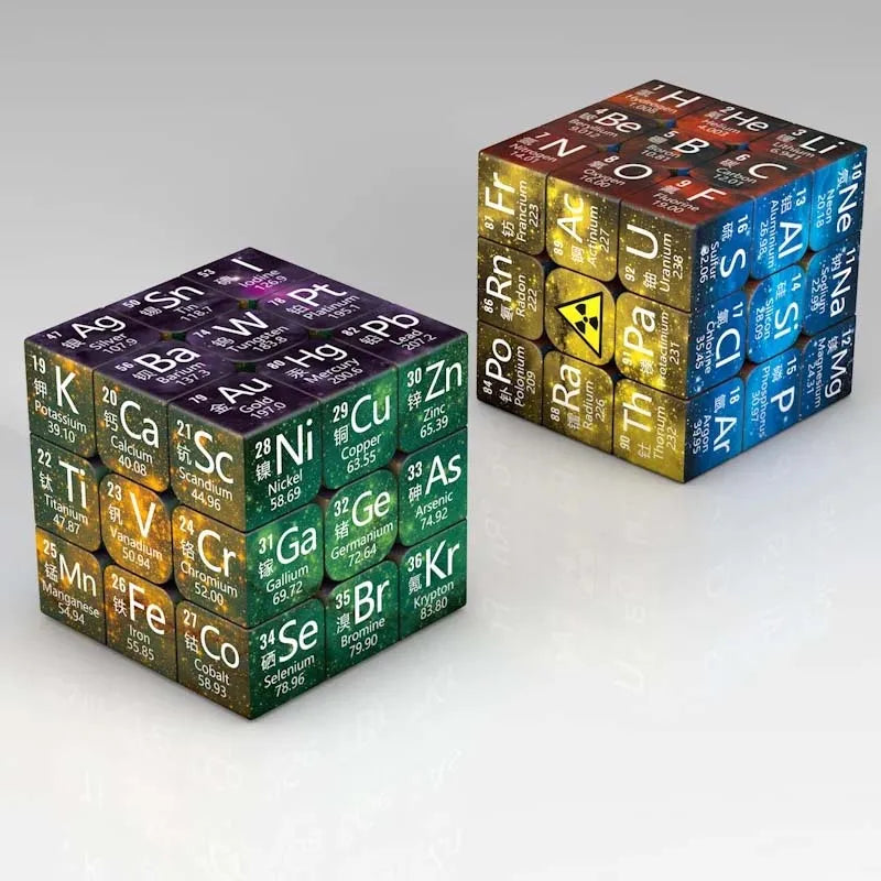 Two Rubik's Cube-style puzzles with periodic table elements on a white background