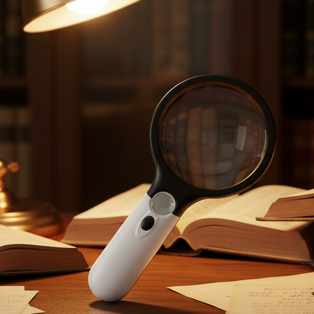 A handheld magnifying glass with a white handle and black rim stands on a wooden desk in a warm, dimly lit study or library setting, with open books and a lamp visible in the background.