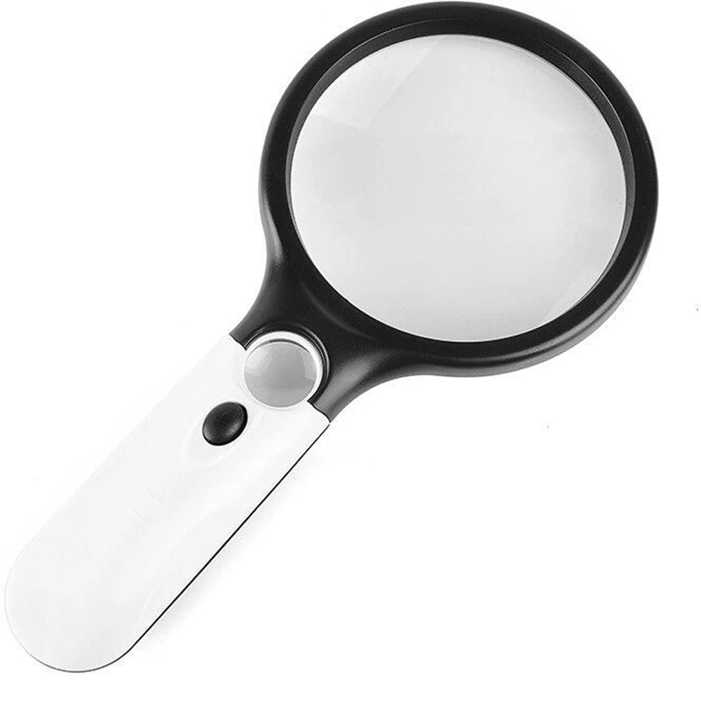 Handheld magnifying glass with black frame and white handle on a white background