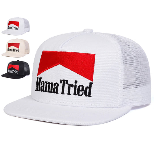 Angled view display of all color options 'Mama Tried - Marlboro Merle Snapback | OSFA Mesh Back Trucker Cap' lined up on side with close up of white option.