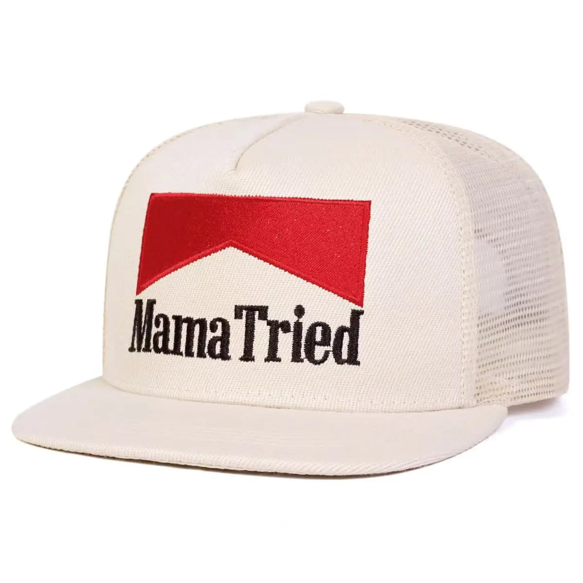 Beige Mama Tried Trucker Hat – Marlboro-Inspired Red Chevron Snapback with Mesh Back at angled view displaying majority of the cap style.