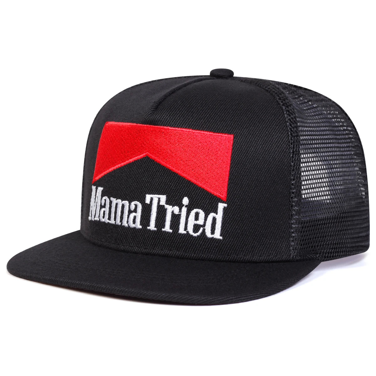 Black Mama Tried Trucker Hat – Marlboro-Inspired Red Chevron Snapback with Mesh Back at angled view displaying majority of the cap style.