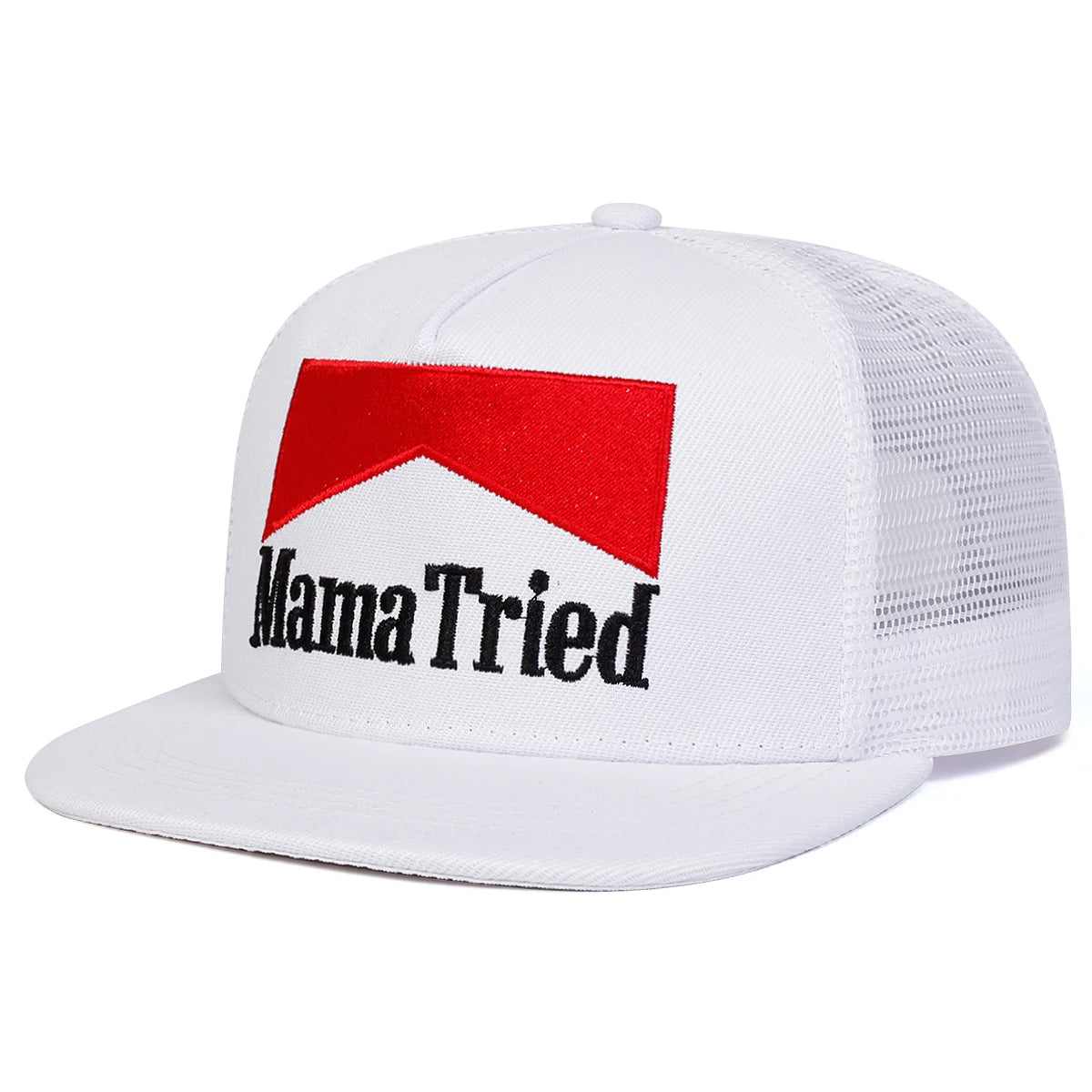 White Mama Tried Trucker Hat – Marlboro-Inspired Red Chevron Snapback with Mesh Back at angled view displaying majority of the cap style.