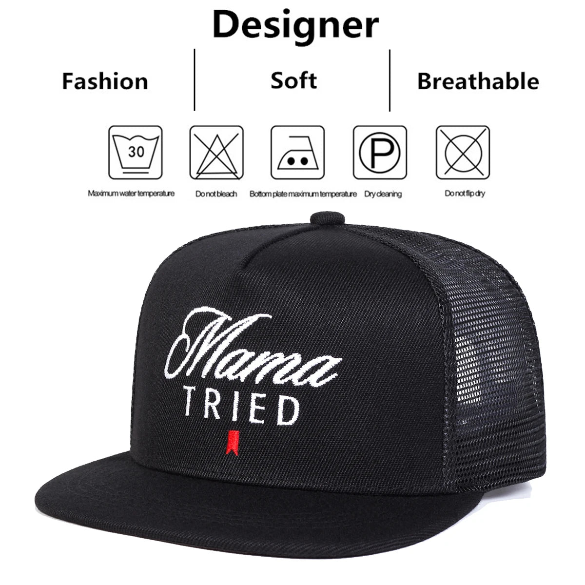 Black trucker cap with 'Mama Tried' text on a white background