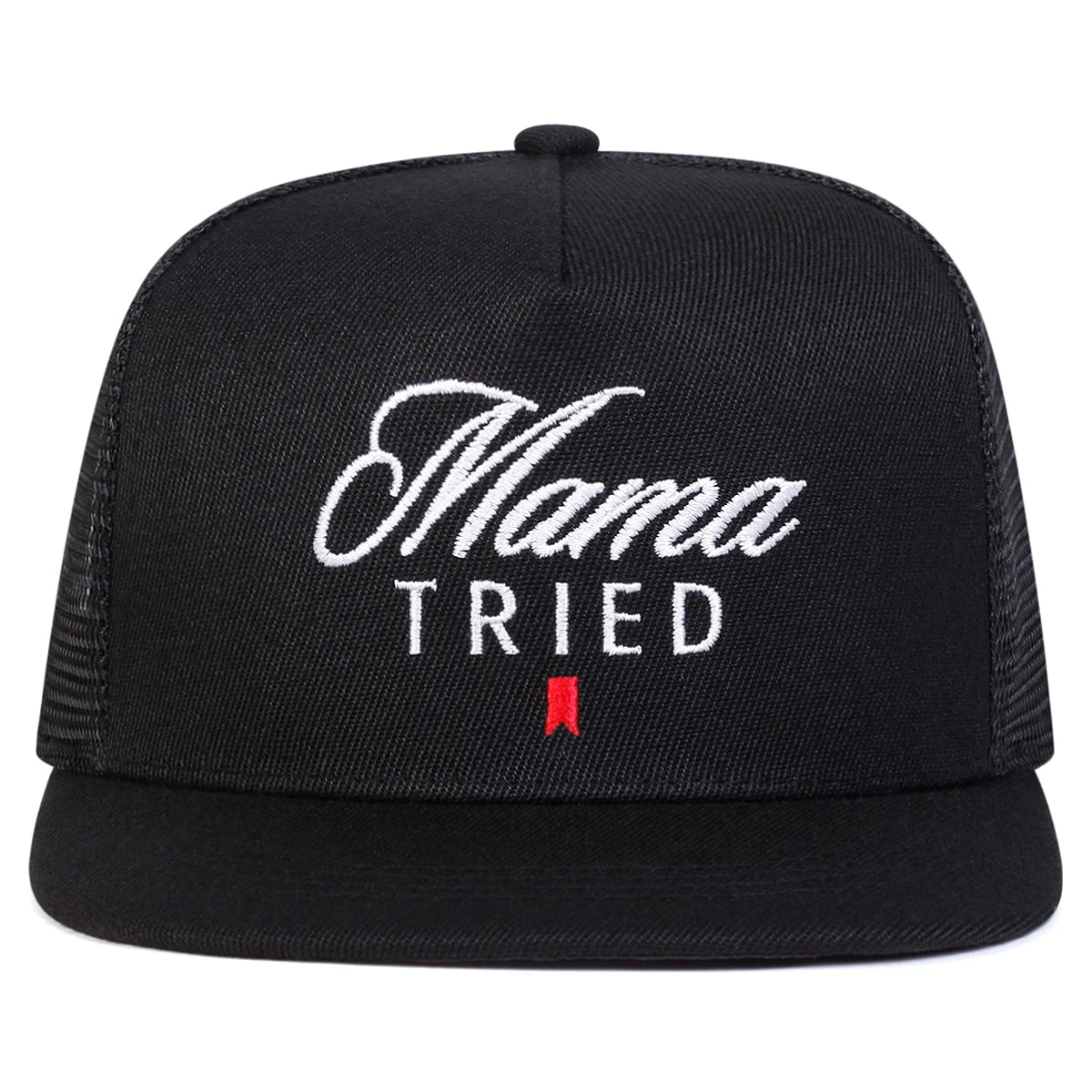 Black cap with 'Mama Tried' text on a white background