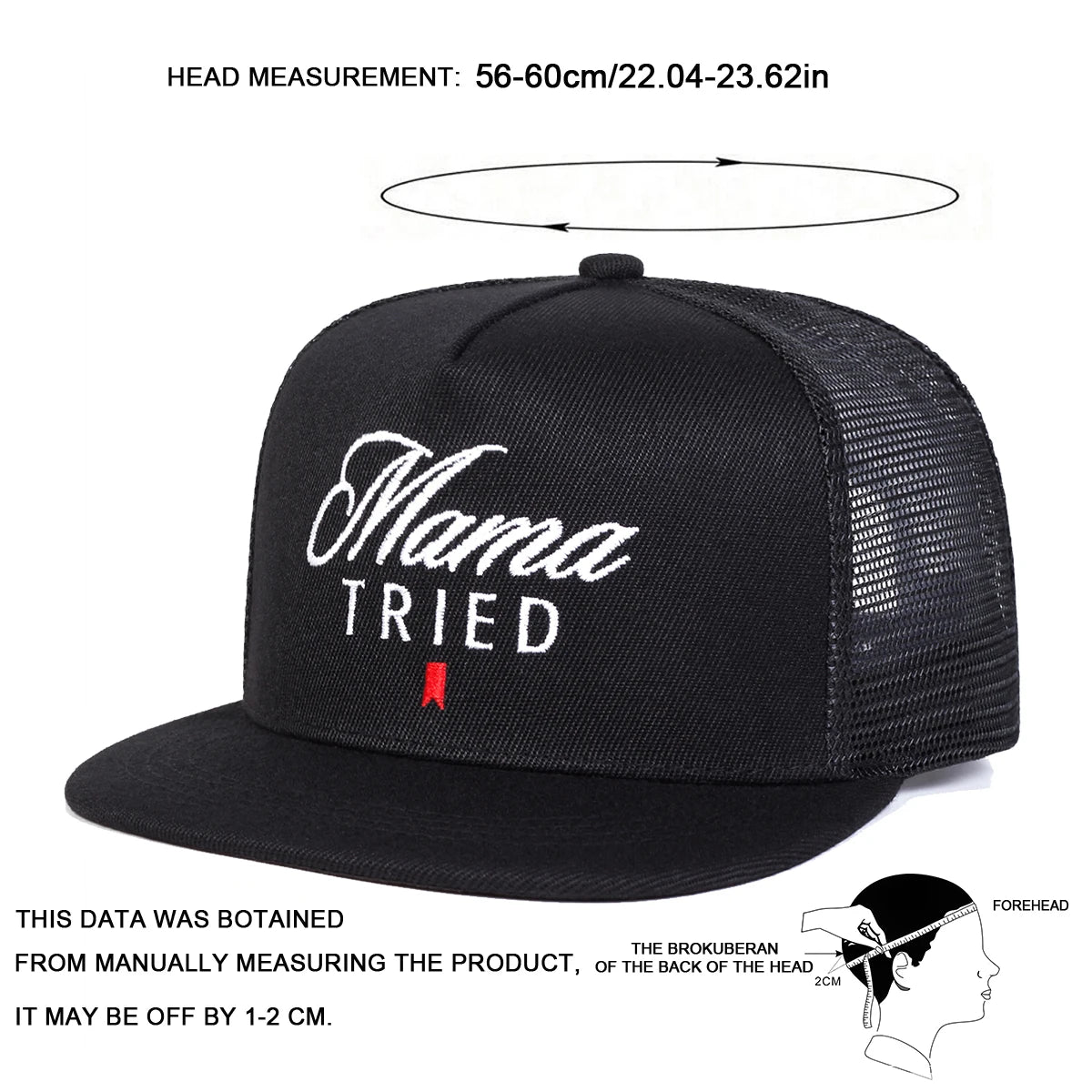 Black mesh cap with 'Mama Tried' text on a white background