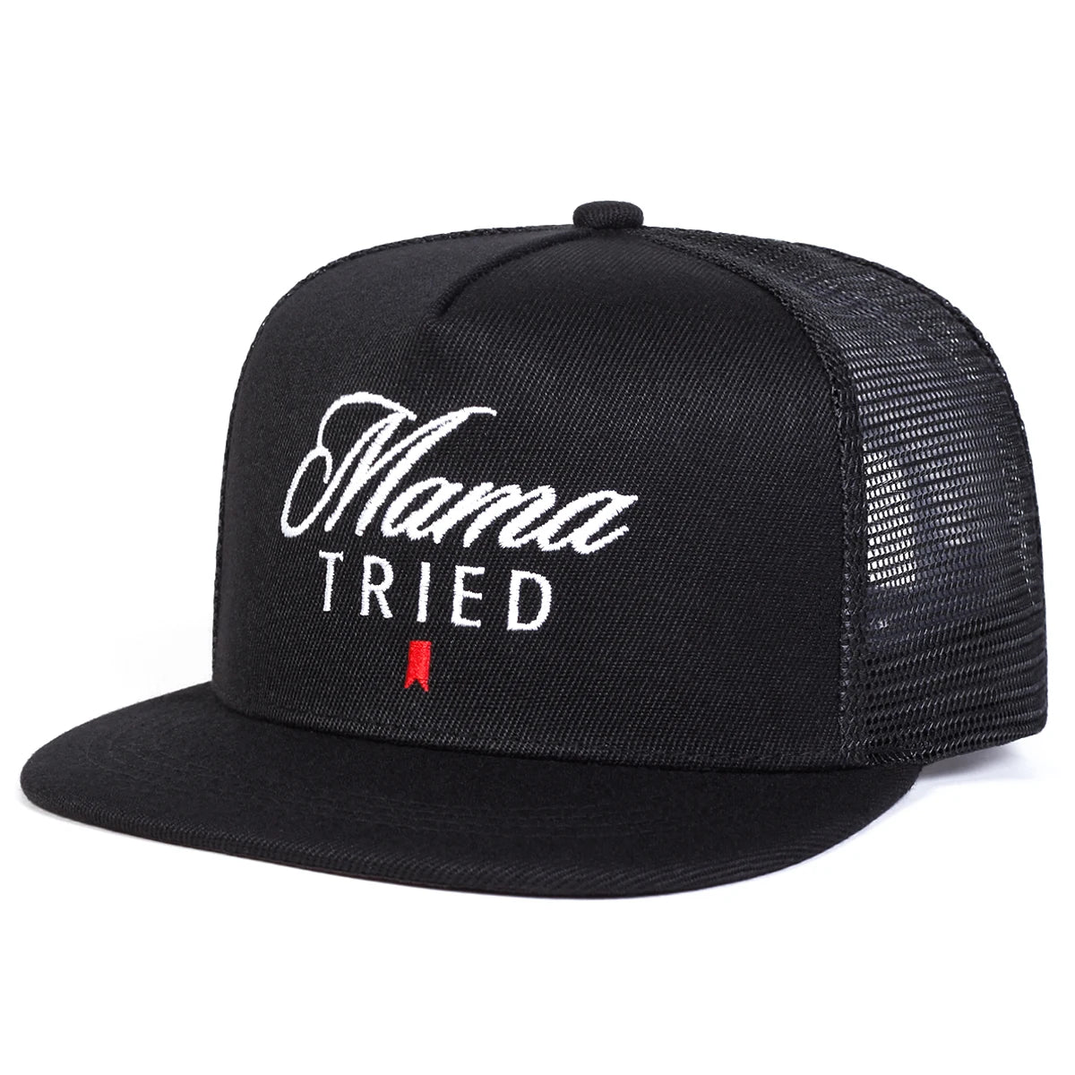 Black trucker cap with 'Mama Tried' text on a white background