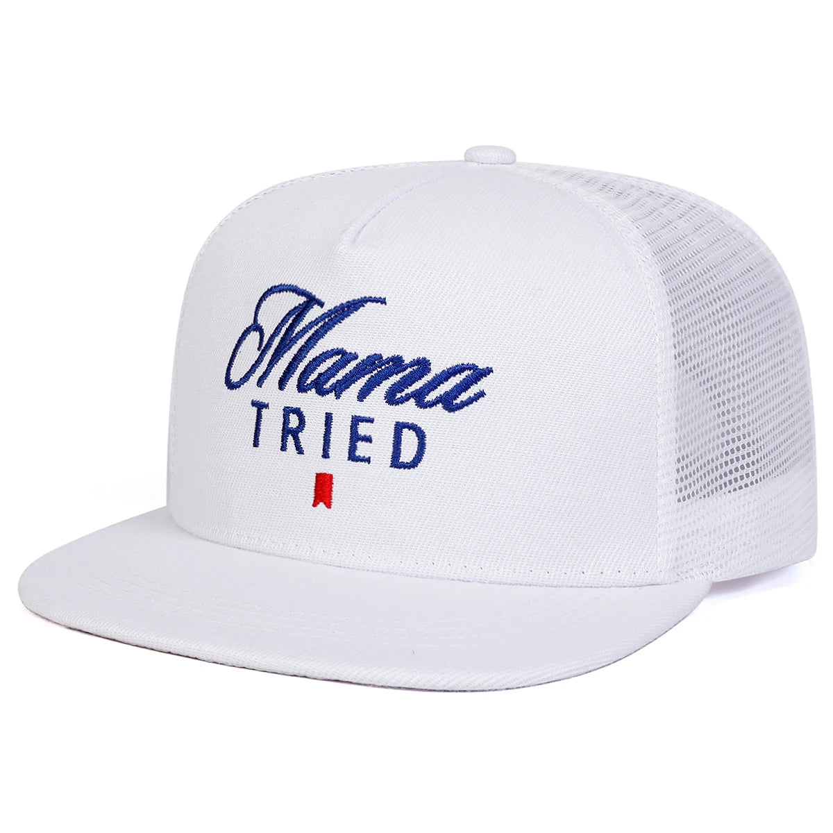 White trucker cap with 'Mama Tried' text on a white background