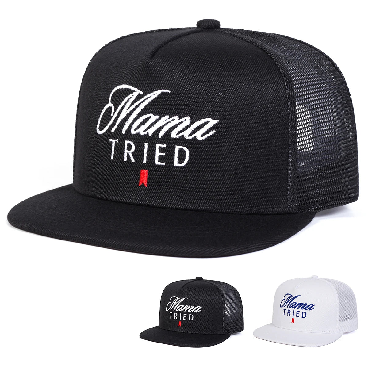 Black mesh cap with 'Mama Tried' text on a white background