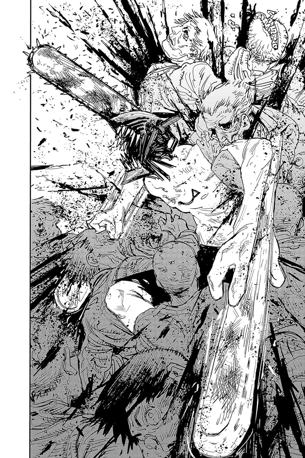 Black and white illustration of a dramatic scene with characters and a weapon.
