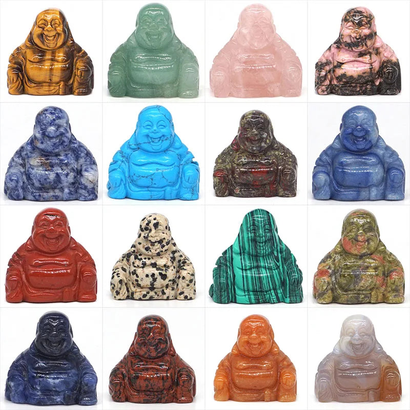 Collection of various colored stone Buddha statues on a white background