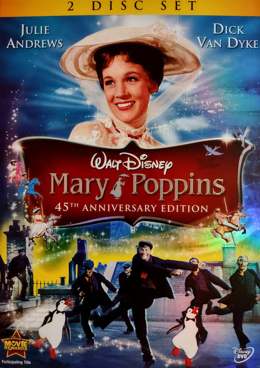 DVD cover of 'Mary Poppins' with Julie Andrews and Dick Van Dyke, featuring penguins and characters from the movie.