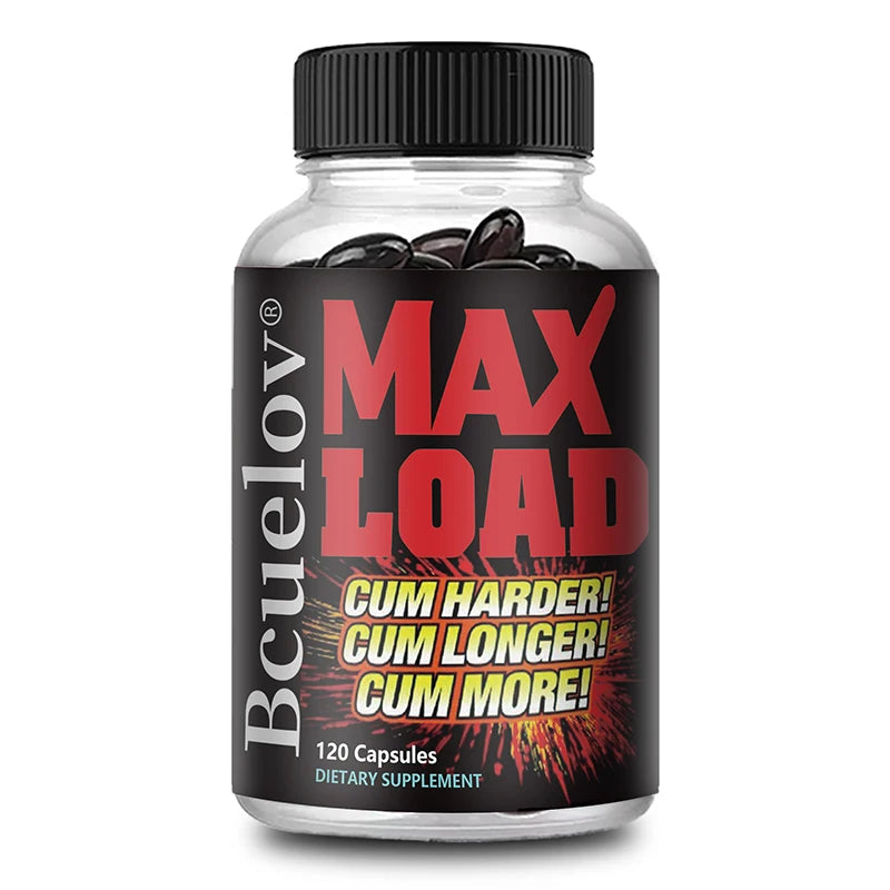 Bottle of Maca dietary supplement with 'Max Load' label on a white background