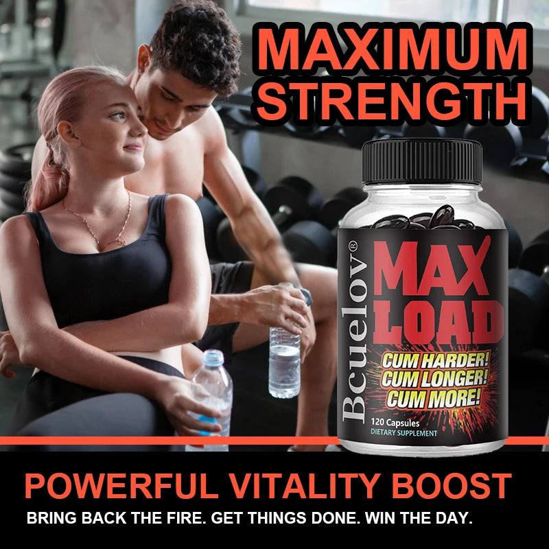 Bottle of Max Load supplement with a couple in a gym setting