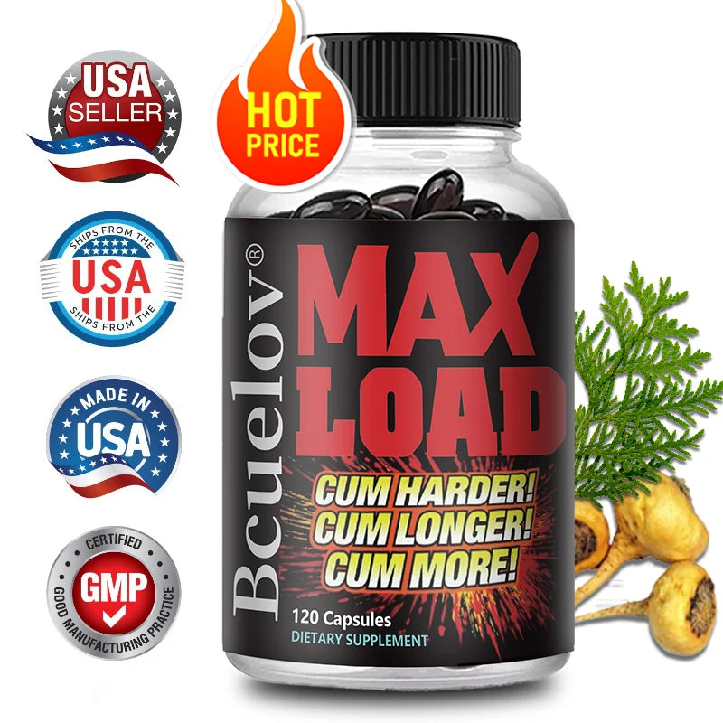 Bottle of Beuelov Max Load dietary supplement with promotional text and graphics on a white background.