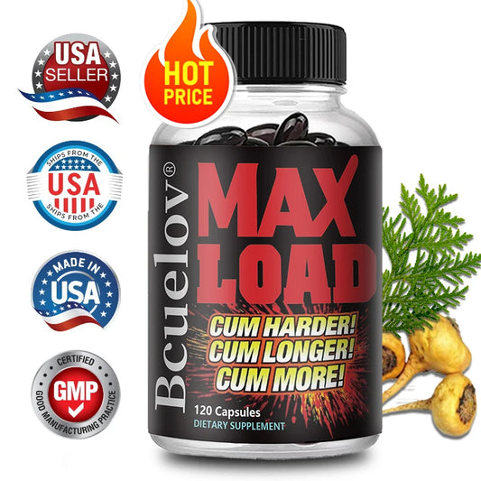 Bottle of Beuelov Max Load dietary supplement with promotional text and graphics on a white background.