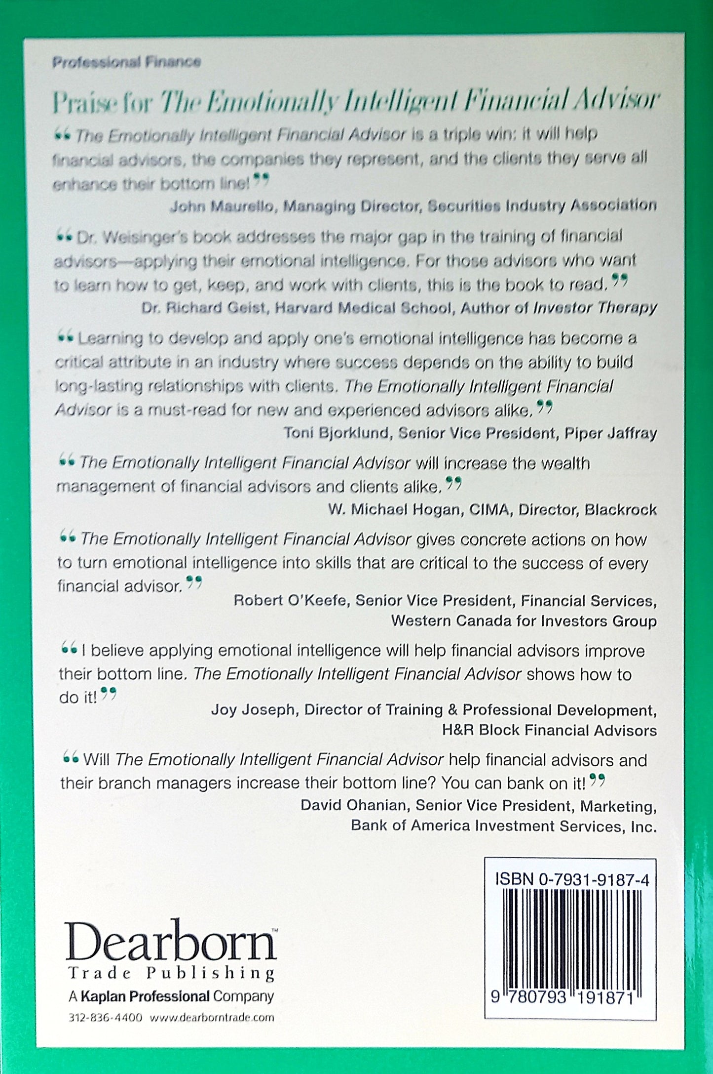 Book back cover of "The Emotionally Intelligent Financial Advisor" by Hendrie Weisinger, Ph.D.