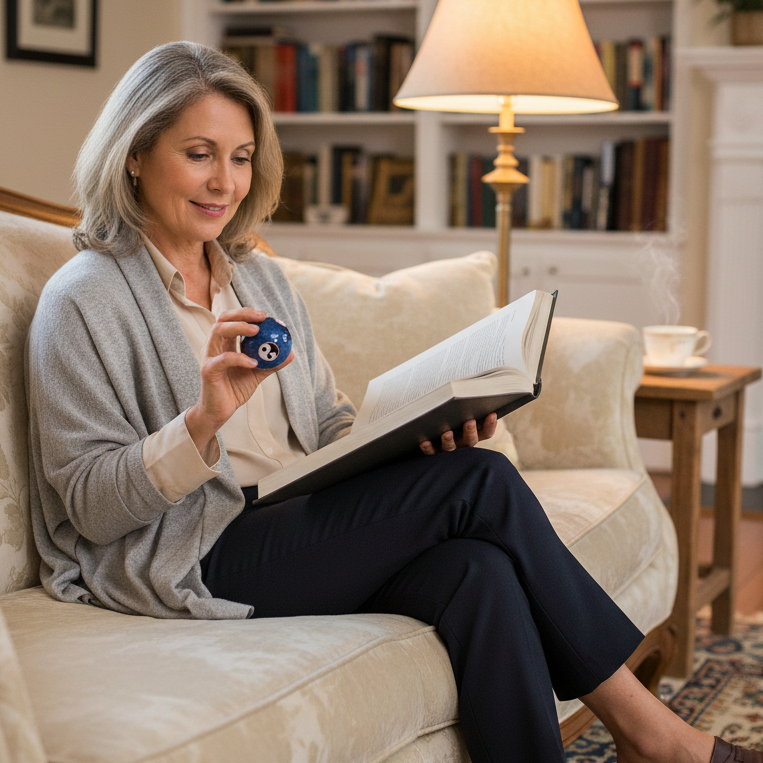 Woman sitting on sofa in library study holding a meditation ball in one hand and reading a book in the other.