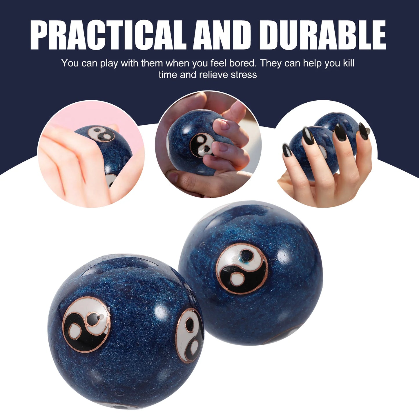Two black baoding balls with a yin-yang design in white, held in a person's hand, demonstrating how they are used for stress relief and meditation.