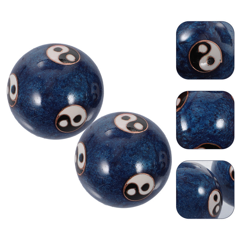 Two glossy dark blue meditation balls with white and black yin-yang symbols, shown alongside three inset close-up views of the bead surface on a white background.