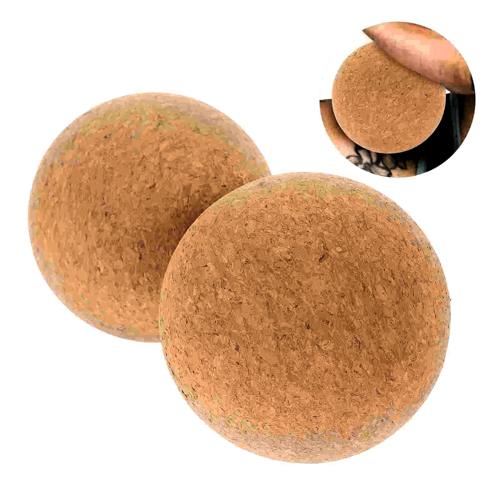 Two round brown textured cork balls on a white background, with a circular inset showing a close-up of the cork surface.