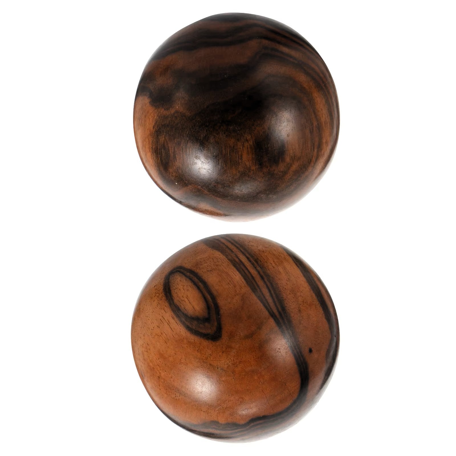 Two polished wooden massage balls with natural dark grain patterns, shown against a solid white background.