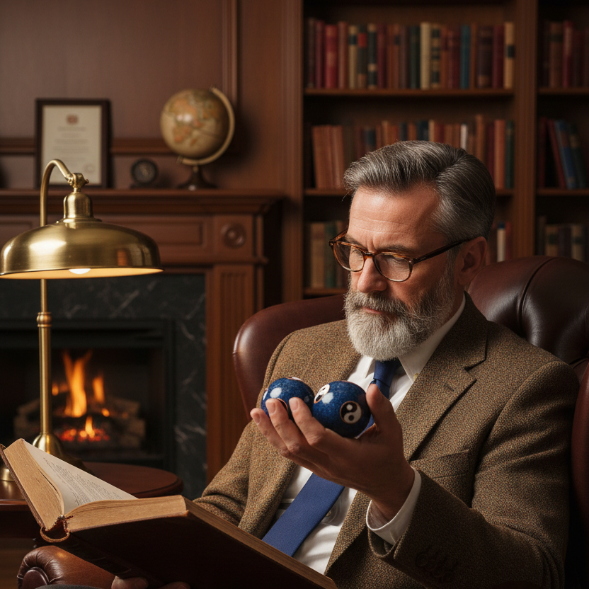 A man with a gray beard and glasses, wearing a brown tweed suit and blue tie, sits in a leather armchair in a cozy library setting. He holds two blue meditation baoding balls in his hand while looking down at an open book.